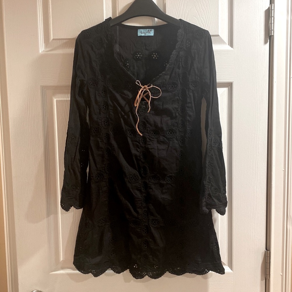 Letarte Black Croquet Cotton Bathing Suit Cover.  Bell Sleeves, Leather Tie